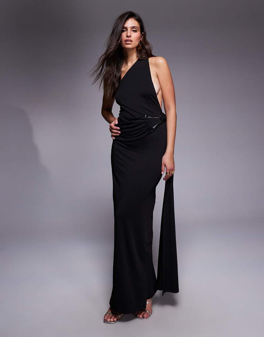 Aria Cove - Doppellagiges Maxikleid mit figurbetontem, anschmiegsamem Schnitt in Schwarz mit Rückenausschnitt, Metalldetail und geraffter Drapierung von Aria Cove