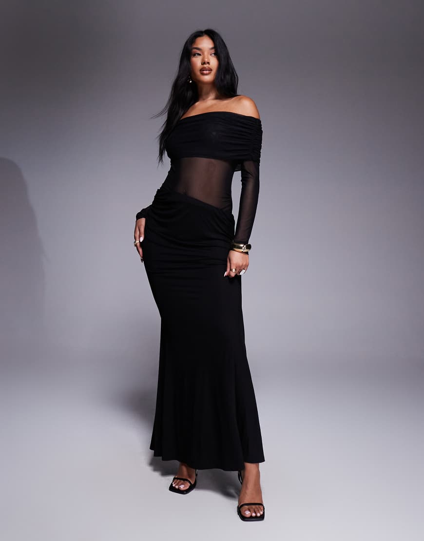 Aria Cove - Maxikleid aus Netzstoff in Schwarz mit seitlichem Cut-out und Carmen-Ausschnitt Aria Cove - Maxikleid aus Netzstoff in Schwarz mit seitlichem Cut-out und Carmen-Ausschnitt von Aria Cove