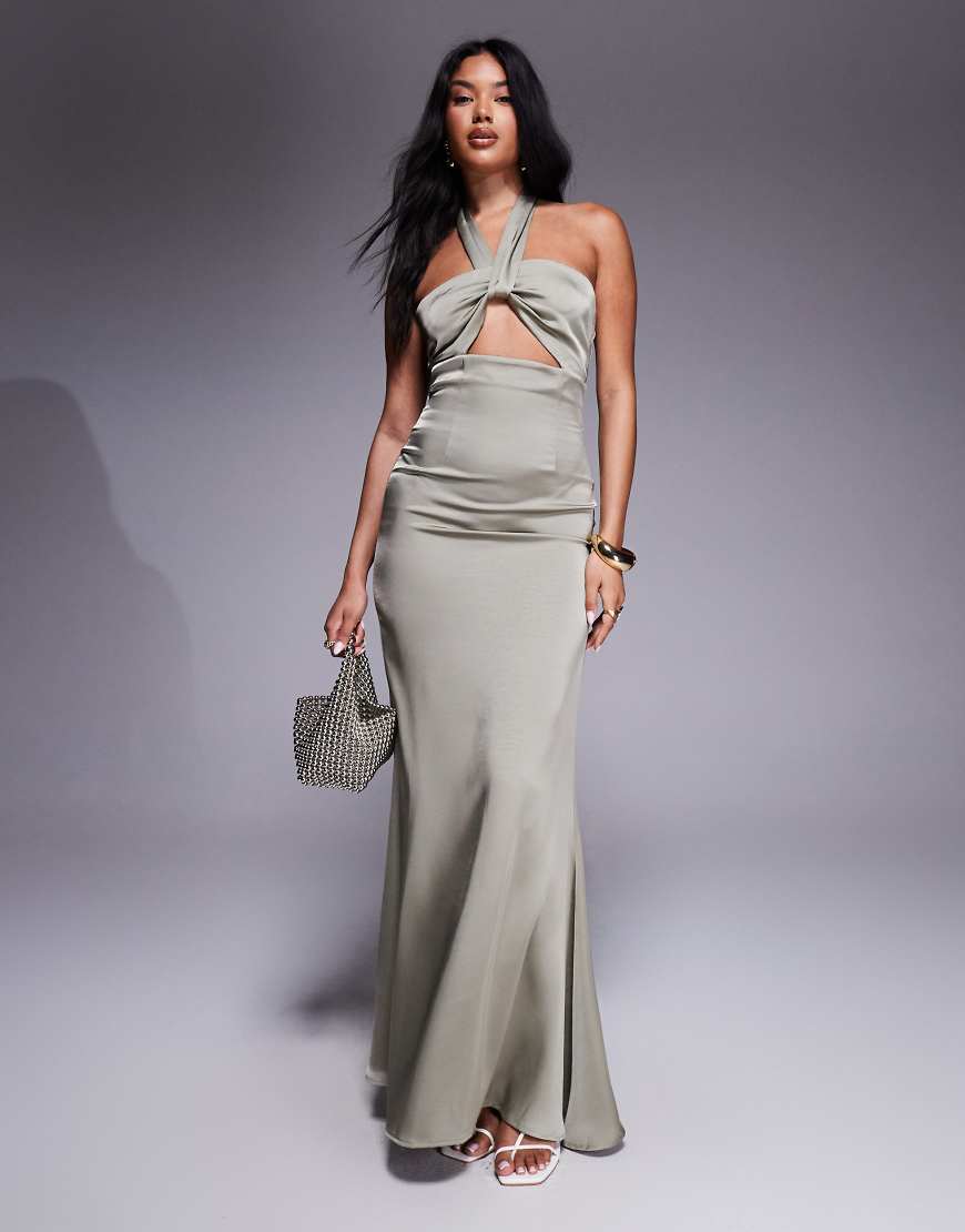 Aria Cove - Satin-Maxikleid in Khaki mit Neckholder, geknoteter Vorderseite und Cut-out-Grün Aria Cove - Satin-Maxikleid in Khaki mit Neckholder, geknoteter Vorderseite und Cut-out-Grün von Aria Cove