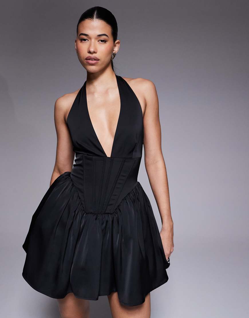 Aria Cove - Tief ausgeschnittenes Skater-Minikleid aus Satin in Schwarz mit Neckholder und Korsettdetail von Aria Cove