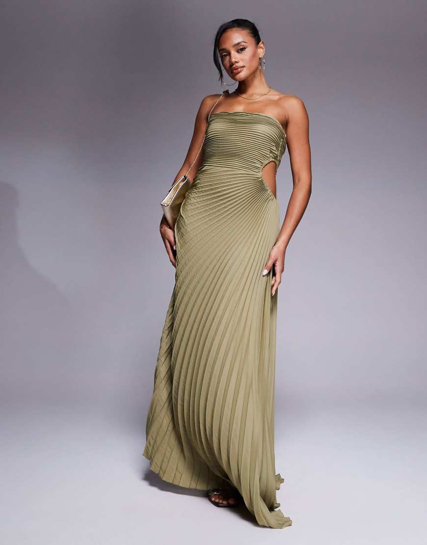 Aria Cove - Trägerloses, plissiertes Maxikleid in Olivgrün mit seitlichem Cut-out-Design-Silber Aria Cove - Trägerloses, plissiertes Maxikleid in Olivgrün mit seitlichem Cut-out-Design-Silber von Aria Cove