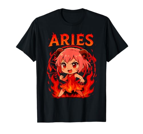 Anime Widder Dämon Girl Fire T-Shirt von Aries Fire Demon Anime Character Tee Fun Wear