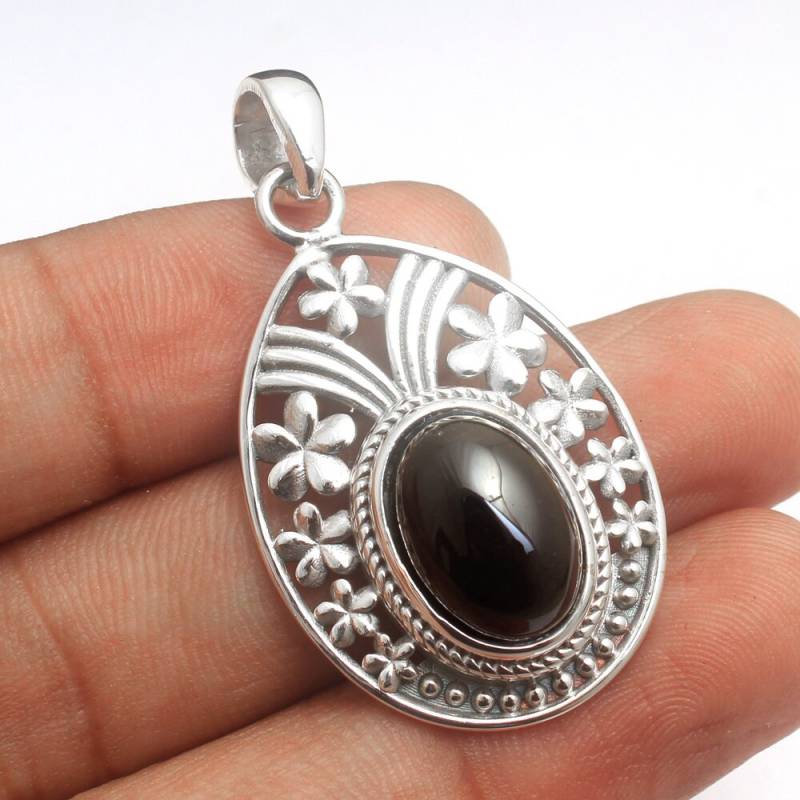 925 Sterling Silber, Schwarzer Onyx Edelstein Anhänger, Designer Handgemachter Schmuck von Arishasilverco