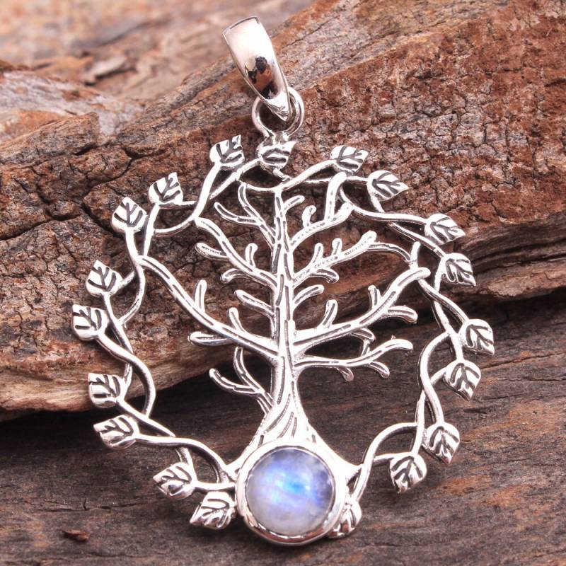 Aaa Solid Qualität Mondstein Rund Edelstein Baum Des Lebens Anhänger - 925 Sterling Silber Handmade Designer Länge 2, 1 "- Ap2819 von Arishasilverco
