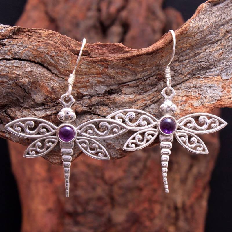 Amethyst Libellen Ohrringe Sterling Silber Charm, Handgemachter Schmuck von Arishasilverco