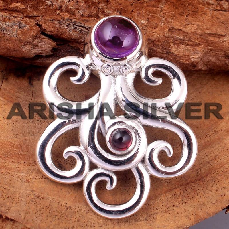 Amethyst Rot Granat Edelstein Anhänger Designer 925 Sterling Silber Handgemachter Frauen Hochzeitsgeschenk von Arishasilverco