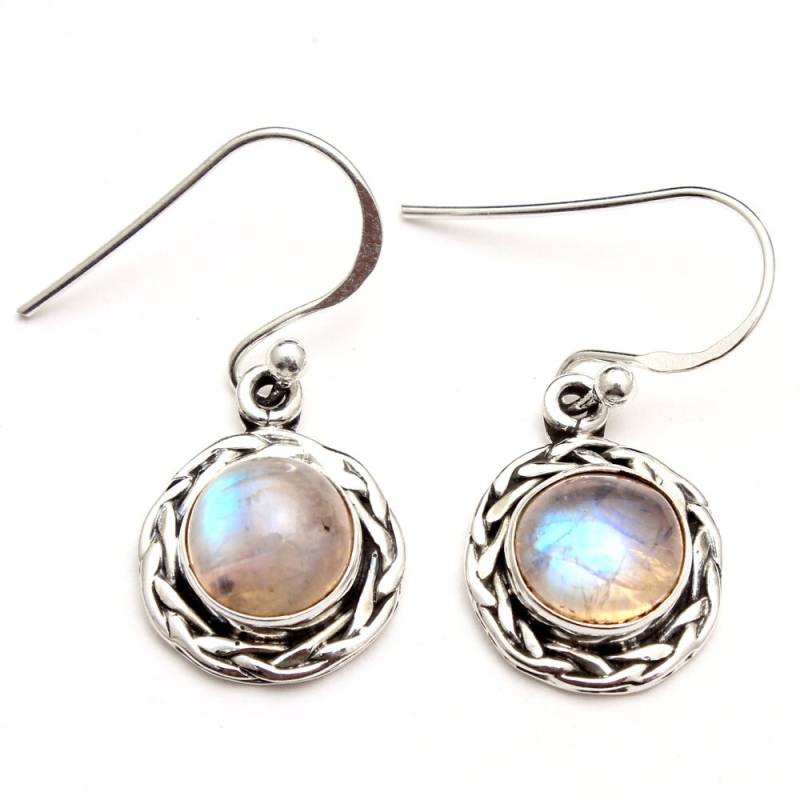 Handgemachte Sterling Silber Regenbogen Mondstein Ohrringe - Runder Edelstein, 2, 8 cm von Arishasilverco