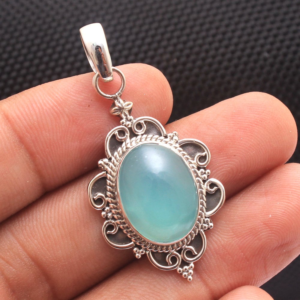 Aqua Chalcedon Sterling Silber Anhänger Handgemachter Ovaler Edelstein von Arishasilverco