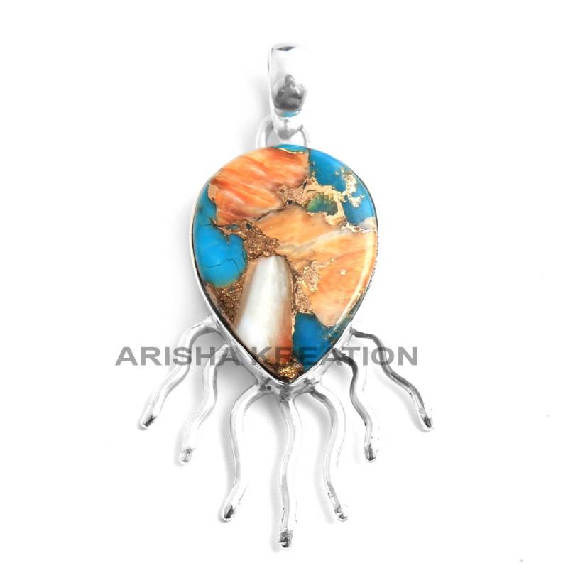 Auster Kupfer Türkis Birne Form Edelstein Anhänger Für Geschenk - 925 Sterling Silber Hand Made Designer Schmuck Länge 4, 5 cm Ap4416 von Arishasilverco