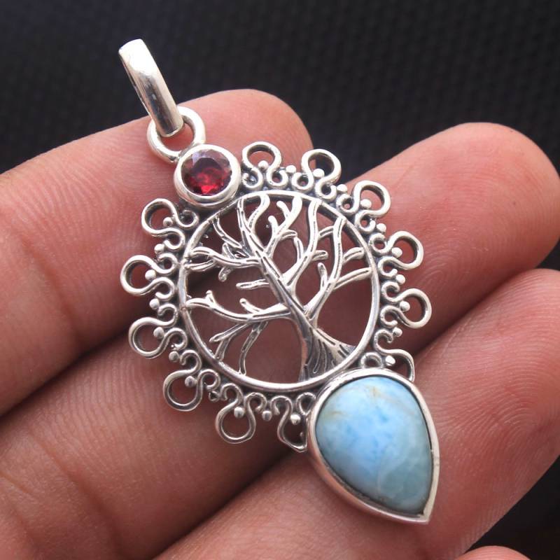 Baum Des Lebens Larimar & Granat Anhänger Sterling Silber Charm Schmuck von Arishasilverco