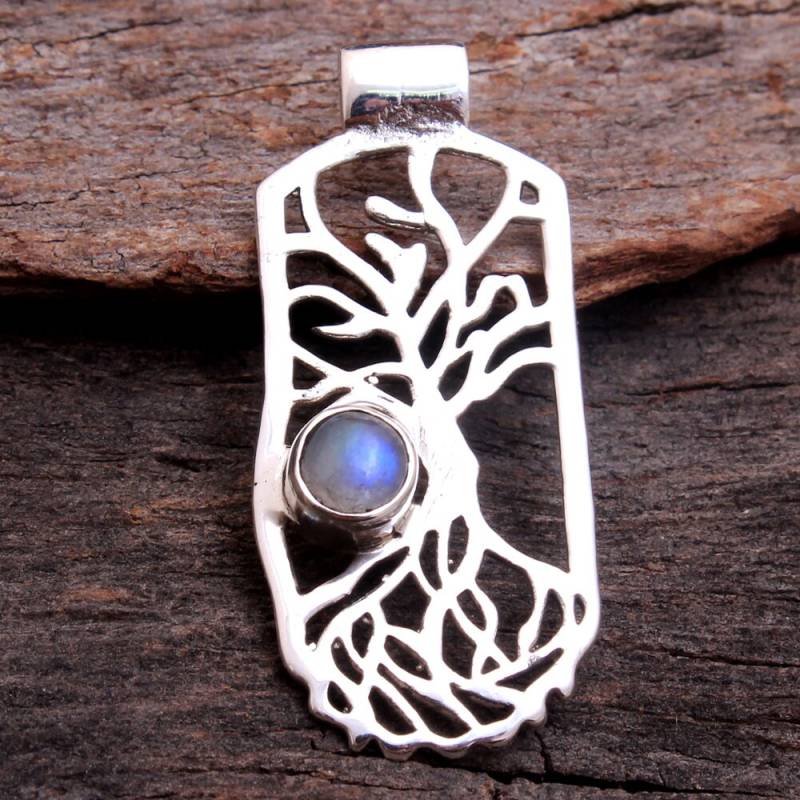 Baum Des Lebens Natürlicher Regenbogen Mondstein Edelstein Anhänger - 925 Sterling Silber Handmade Designer Schmuck Länge 1, 5 "-Ap2260 von Arishasilverco