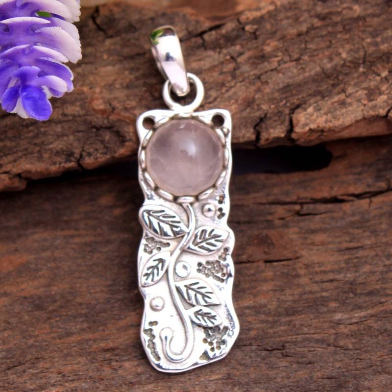 Rosenquarz Blatt Anhänger Sterling Silber Schmuck von Arishasilverco
