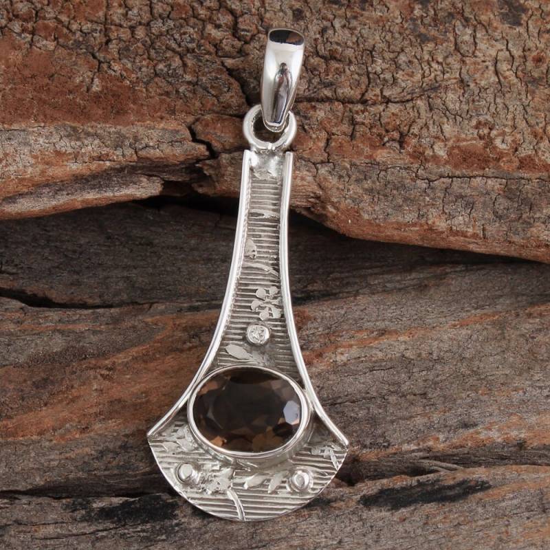 Facettierter Rauchquarz Oval Form Edelstein Anhänger Für Geschenk - 925 Sterling Silber Handmade Designer Schmuck Länge 4, 5 cm Ap4320 von Arishasilverco
