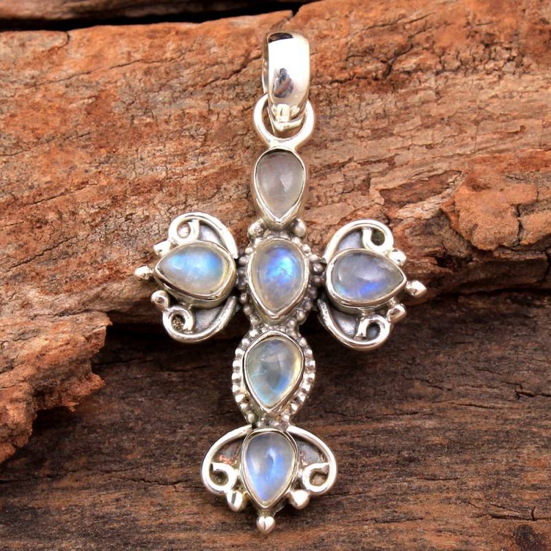 Handgemachte Mondstein Kreuz Anhänger Sterling Silber Pear Schmuck von Arishasilverco
