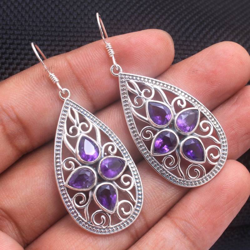Handgemachte Sterling Silber Amethyst Tropfen Ohrringe Edelstein Schmuck von Arishasilverco