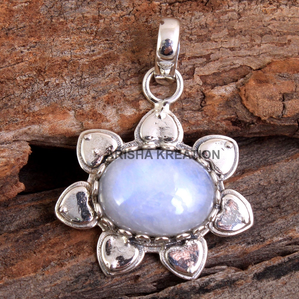 Handgemachter Regenbogen Mondstein Anhänger Sterling Silber Designer Schmuck von Arishasilverco