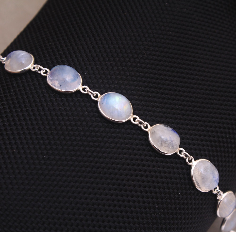 Handgemachtes Ovales Regenbogen Mondstein Armband 925 Sterling Silber, 20cm von Arishasilverco