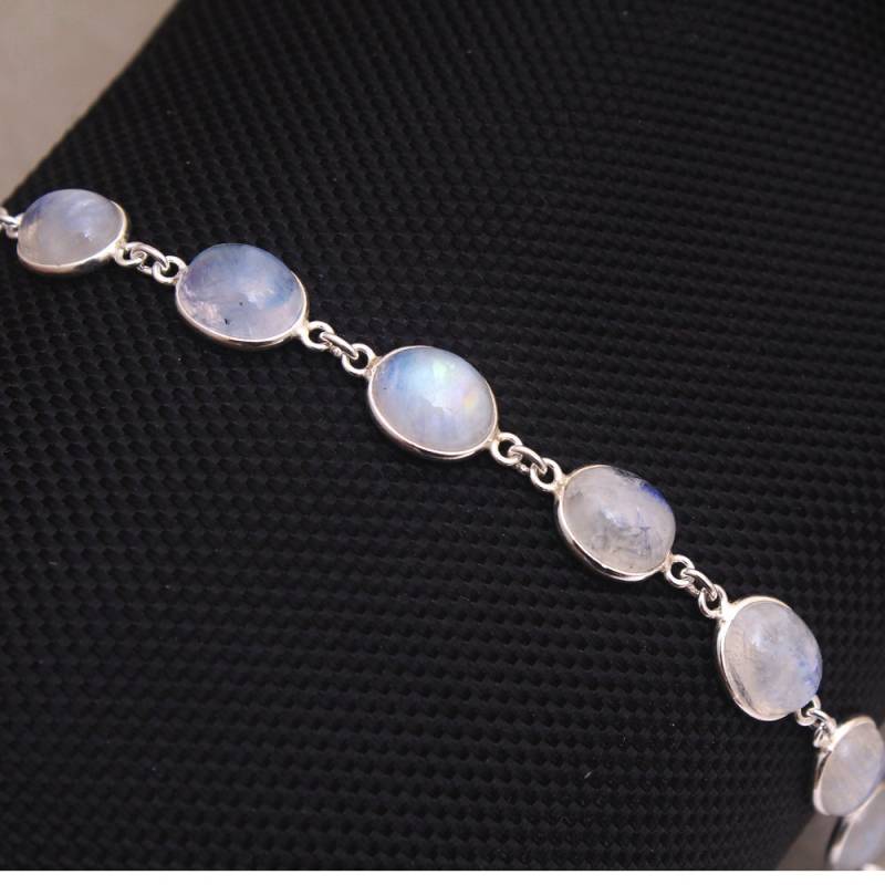 Handgemachtes Ovales Regenbogen Mondstein Armband 925 Sterling Silber, 20cm von Arishasilverco