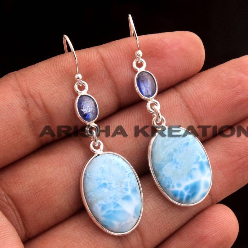 Larimar Kyanit Sterling Silber Ohrringe Handgemachter Ovaler Edelsteinschmuck von Arishasilverco
