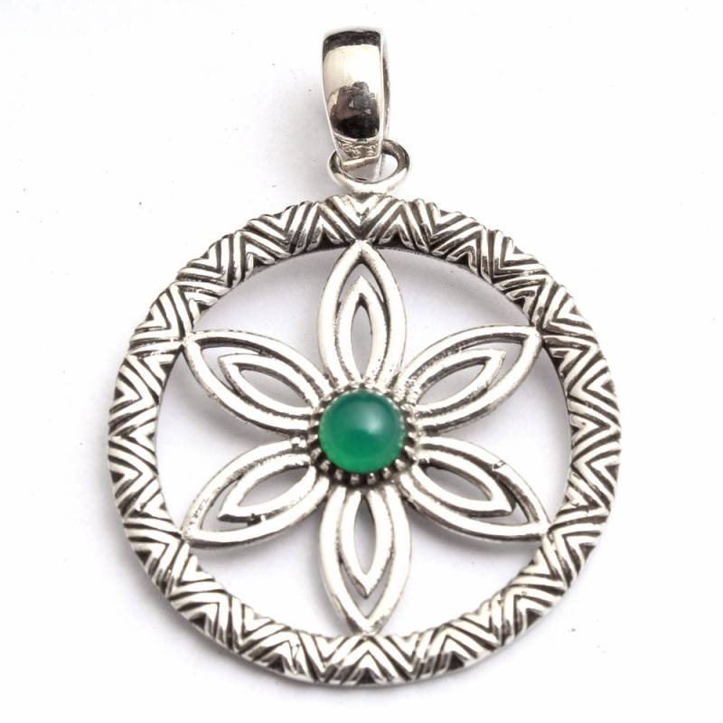 Natürlicher Grüner Onyx Runder Edelstein Blumenstil Anhänger - 925 Sterling Silber Handgefertigter Schmuck Designer Länge 1.75 Ap2829 von Arishasilverco