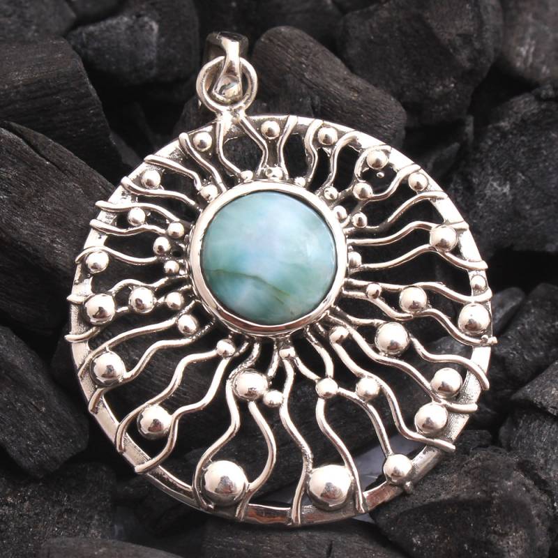 Natürlicher Larimar Runde Form Edelstein Handgemachter Großer Runder Stilvoller Anhänger - 925 Sterling Silber Designer Charm Länge 2 "-Ap2825 von Arishasilverco
