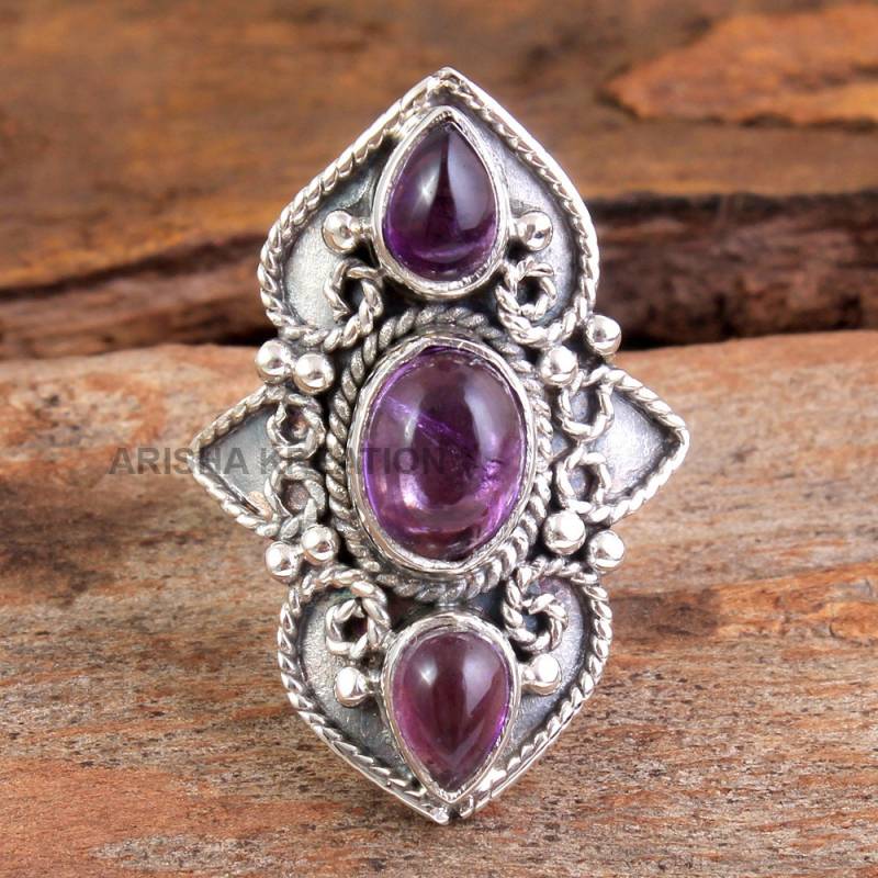 Natürlicher Lila Amethyst Onyx Oval & Birnenform Edelstein Entzückender Ring - 925 Sterling Silber Handgemachter Designer Schmuck von Arishasilverco