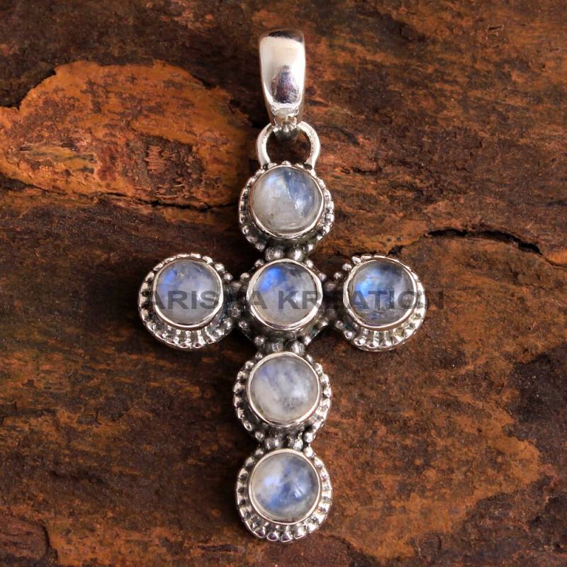 Natürlicher Mondstein Runde Form Edelstein Kreuz Silber Anhänger - 925 Sterling Handgemachte Designer Schmuck Länge 1, 5 "- Ap4458 von Arishasilverco