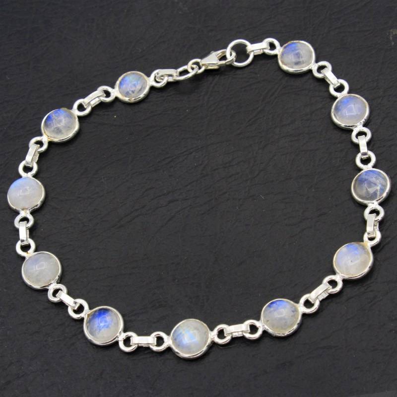 Natürliches Regenbogen Mondstein Runde Form Edelstein Armband - 925 Sterling Silber Handmade Designer Schmuck Länge 8 "-Ab0102 von Arishasilverco