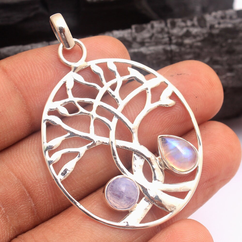Regenbogen Mondstein Baum Des Lebens Anhänger - Sterling Silber Charm Schmuck von Arishasilverco