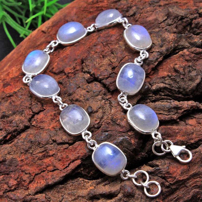 Regenbogen Mondstein Natürliche Oval Form Edelstein Armband - 925 Sterling Silber Frauen Geschenk Länge 19, 5 cm Schmuck -Ab0266 von Arishasilverco