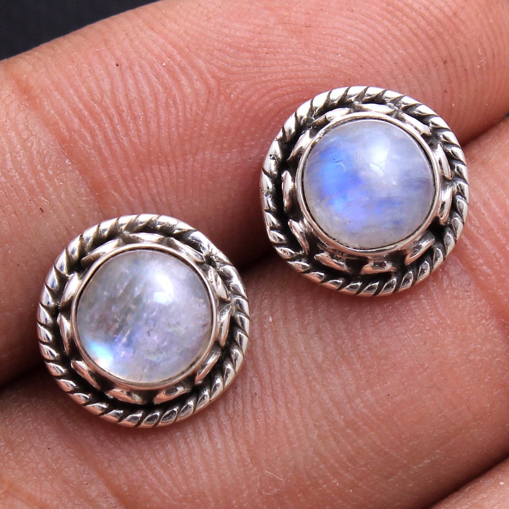 Regenbogen Mondstein Ohrstecker Handgemachte 925 Sterling Silber, Runder Edelstein von Arishasilverco