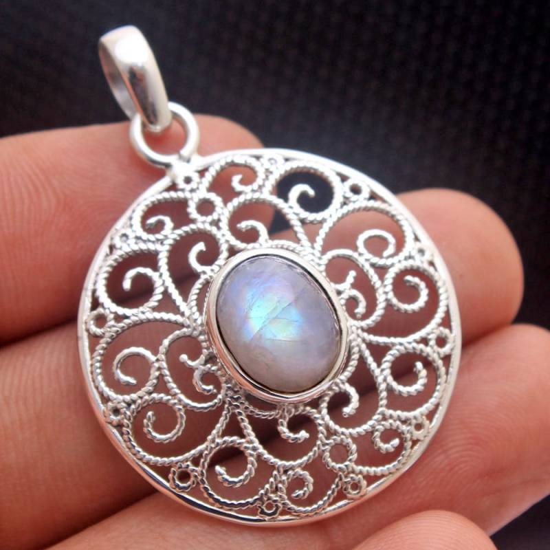 Regenbogen Mondstein Sterling Silber Filigran Anhänger - Handgemachter Schmuck von Arishasilverco