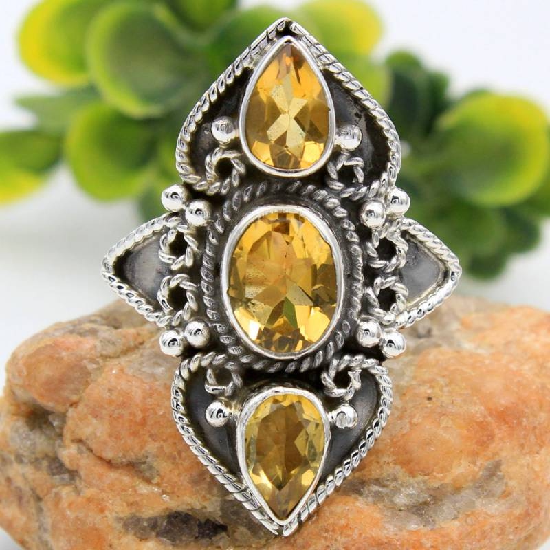 Royal Collection-Gelber Citrin Edelstein-925 Sterling Silber Handmade 3 Stein Ring Größe Us 6, 25-Ar2268 von Arishasilverco