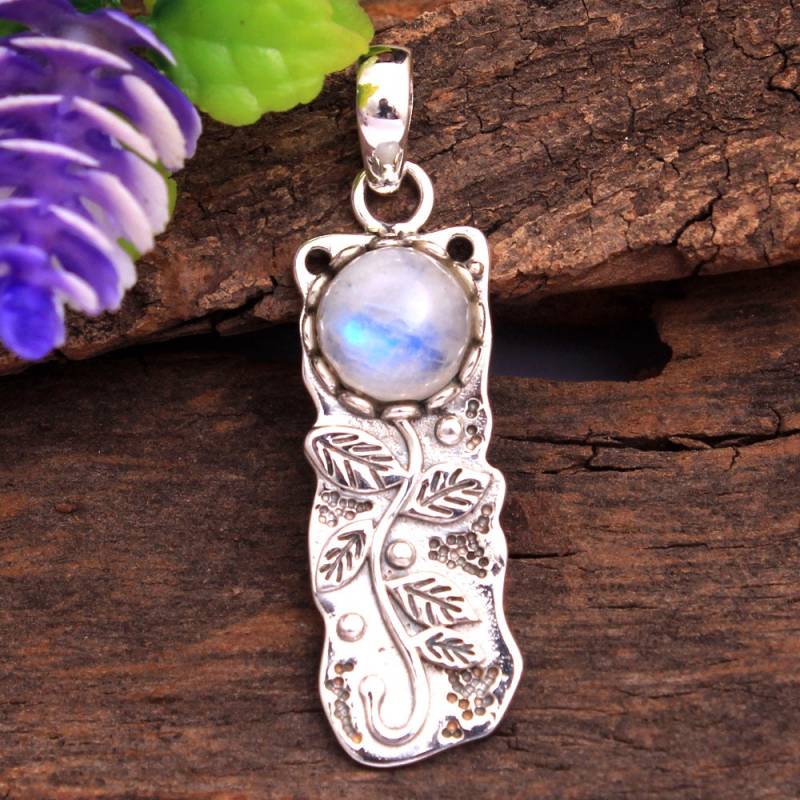 Handgemachte Regenbogen Mondstein Anhänger Sterling Silber Floral Schmuck von Arishasilverco