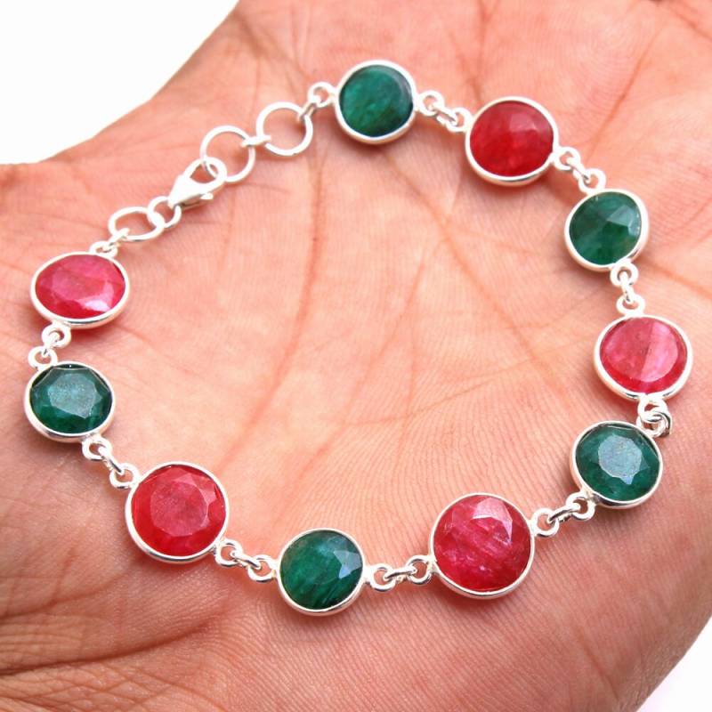 sterling Silber Rubin Smaragd Armband Runder Edelstein Schmuck, 20 cm von Arishasilverco