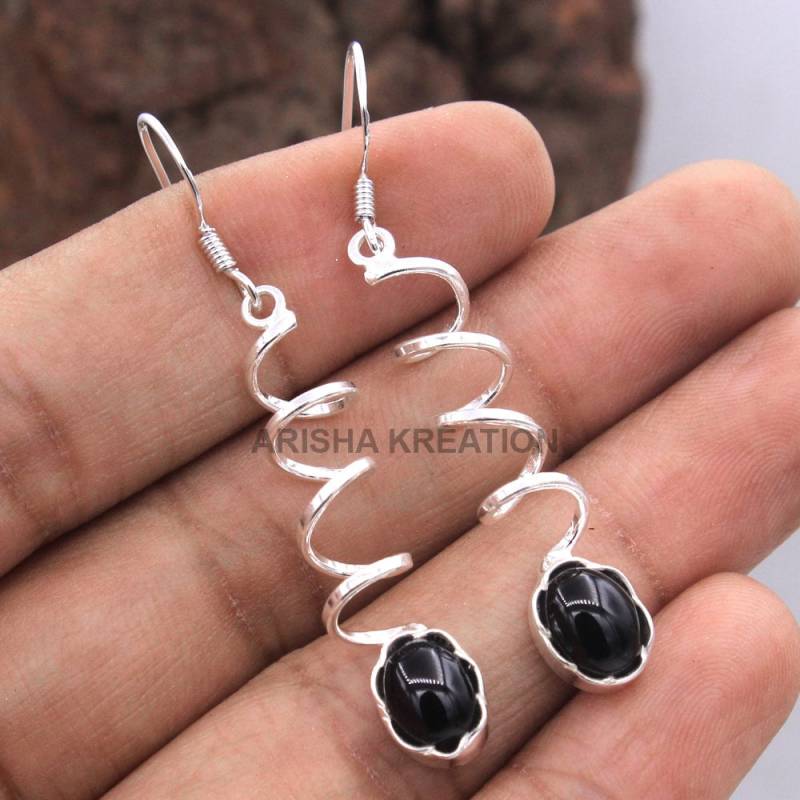 Schöne Natürliche Schwarze Onyx Oval Form Edelstein Ohrring - 925 Sterling Silber Handgemachte Designer Drop & Baumeln Ohrringe Länge 2 "- Ae4825 von Arishasilverco