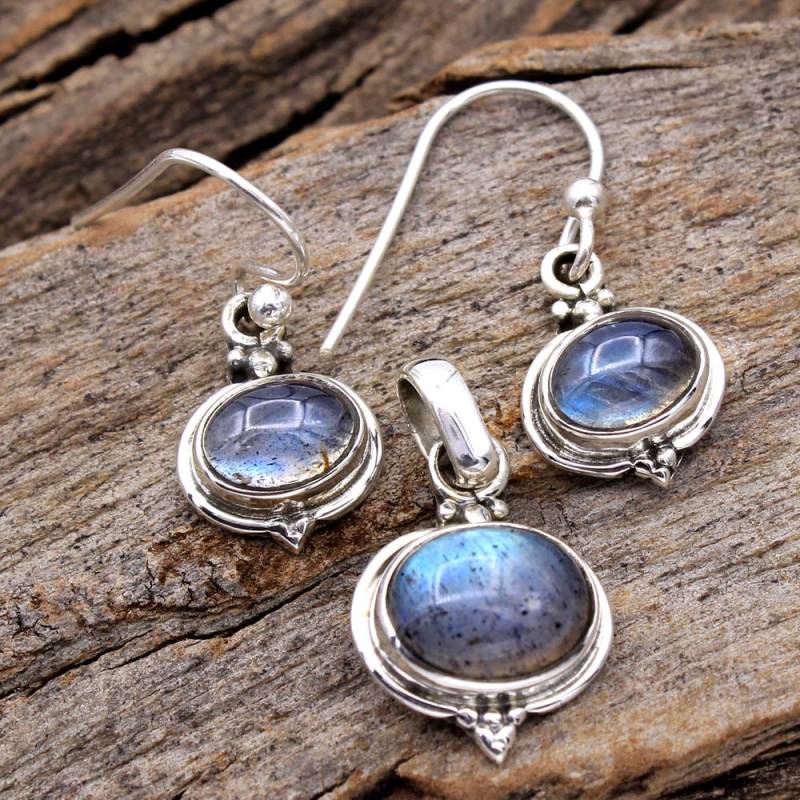 Handmade Spektrolith Labradorit 925 Sterling Silber Anhänger Ohrringe Set von Arishasilverco