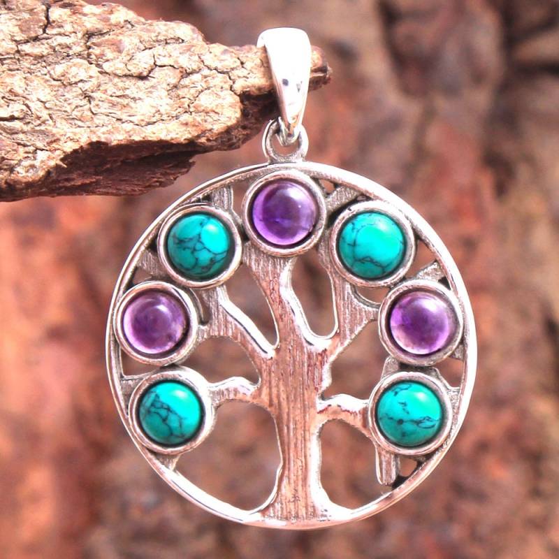 Amethyst Türkis Baum Des Lebens Anhänger - Sterling Silber Handmade von Arishasilverco