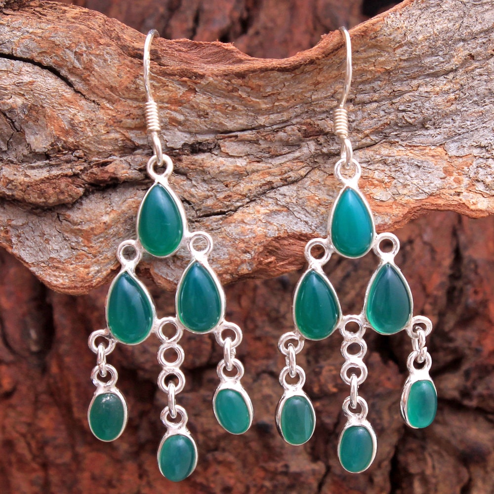 Handgemachte Sterling Silber Grüner Onyx Ohrringe, 5 cm Lang von Arishasilverco