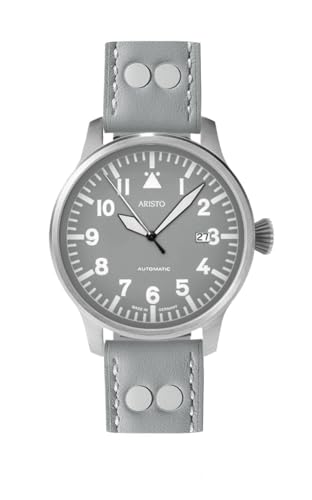 Aristo Flieger Automatik Herren Armbanduhr - hellgraues Vintage Lederarmband und satiniertes graues Edelstahl Ziffernblatt mit Front aus Mineralglas - Made in Germany von Aristo