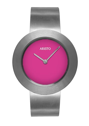 Aristo Titan Damenuhr Quarz-Armbanduhr - Silberfarbenes Titan Spangenarmband und Magentafarbenen Ziffernblatt mit Front aus Mineralglas - Made in Germany von Aristo