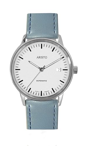 Aristo Unisex Bauhaus Automatik Armbanduhr - Light Blue farbendes Lederarmband und poliertem silberweißem Edelstahl Ziffernblatt mit Front aus Mineralglas - Made in Germany von Aristo