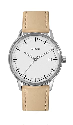 Aristo Unisex Quarz-Armbanduhr - Beige farbendes Lederarmband und poliertem silberweißem Edelstahl Ziffernblatt mit Front aus Mineralglas - Made in Germany von Aristo