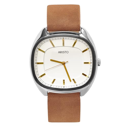 Aristo Unisex Quarz-Armbanduhr - braunes Lederarmband und poliertes weißes Edelstahl Ziffernblatt mit Front aus Mineralglas - Made in Germany von Aristo