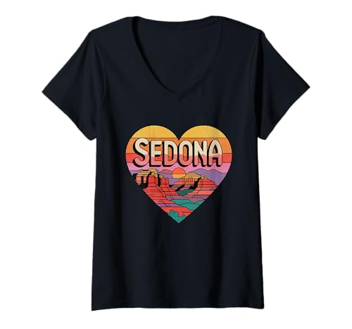 Damen Sedona Arizona Herz-T-Shirt im Vintage-Retro-Design mit roten Steinen T-Shirt mit V-Ausschnitt Damen Sedona Arizona Herz-T-Shirt im Vintage-Retro-Design mit roten Steinen T-Shirt mit V-Ausschnitt von Arizona Sedona Cactus Aesthetic Tees