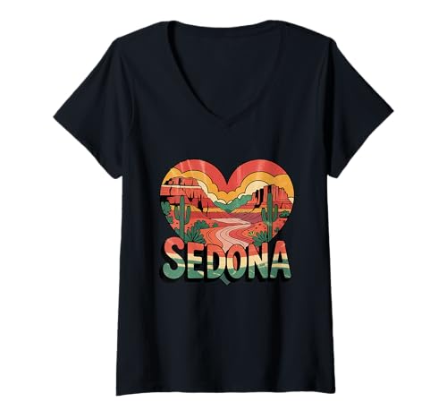 Damen Sedona Arizona Herz-T-Shirt im Vintage-Retro-Design mit roten Steinen T-Shirt mit V-Ausschnitt Damen Sedona Arizona Herz-T-Shirt im Vintage-Retro-Design mit roten Steinen T-Shirt mit V-Ausschnitt von Arizona Sedona Cactus Aesthetic Tees
