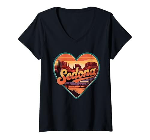 Damen Sedona Arizona Herz-T-Shirt im Vintage-Retro-Design mit roten Steinen T-Shirt mit V-Ausschnitt Damen Sedona Arizona Herz-T-Shirt im Vintage-Retro-Design mit roten Steinen T-Shirt mit V-Ausschnitt von Arizona Sedona Cactus Aesthetic Tees