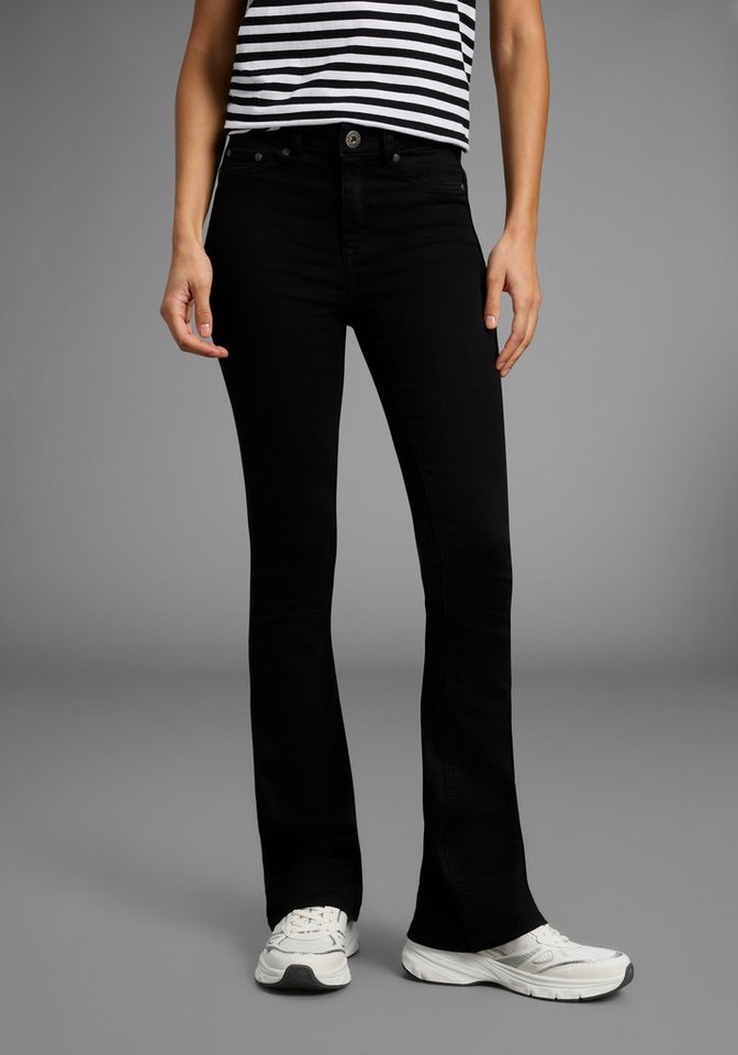 Arizona Bootcut-Jeans Ultra Stretch ausgestellte Beinform, Used-Waschung, hohe Leibhöhe von Arizona