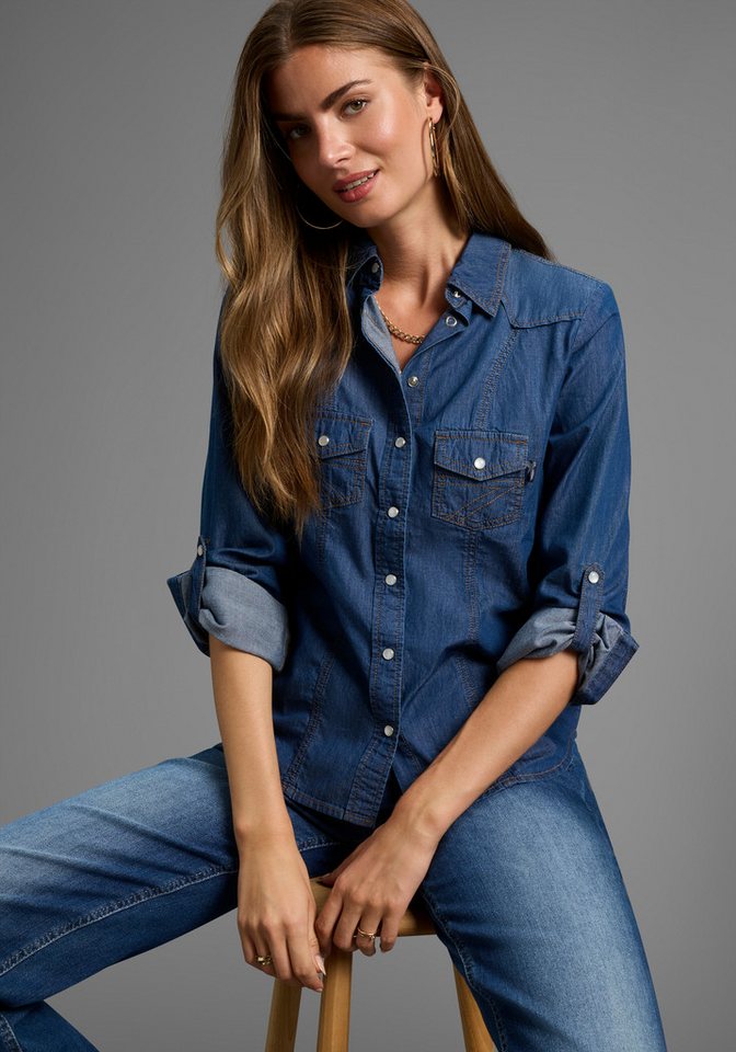 Arizona Jeansbluse mit Druckknöpfen in Perlmuttoptik und Krempelärmeln von Arizona