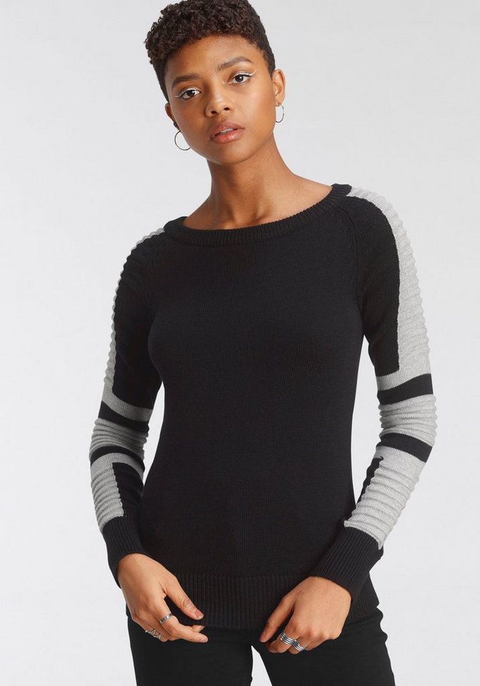 Arizona Rundhalspullover im Bikerstil mit Ärmeln in Fein - und grobem Rippenstrick von Arizona